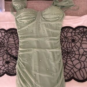 Sage Green Mini Dress with Pearl Accents
